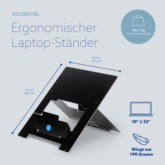Infoblatt zum ergonomischen Laptopstaender von R-GO aus Aluminium in schwarz mit den Infos von Laptopgroessen von 10'' - 22'' verwendbar